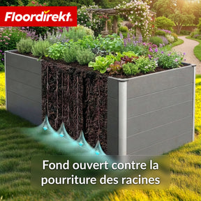 Carré potager surélevé en WPC | Delos | 150x70x75 cm | Extra stable avec barre de renfort | Anthracite | Angles en aluminium