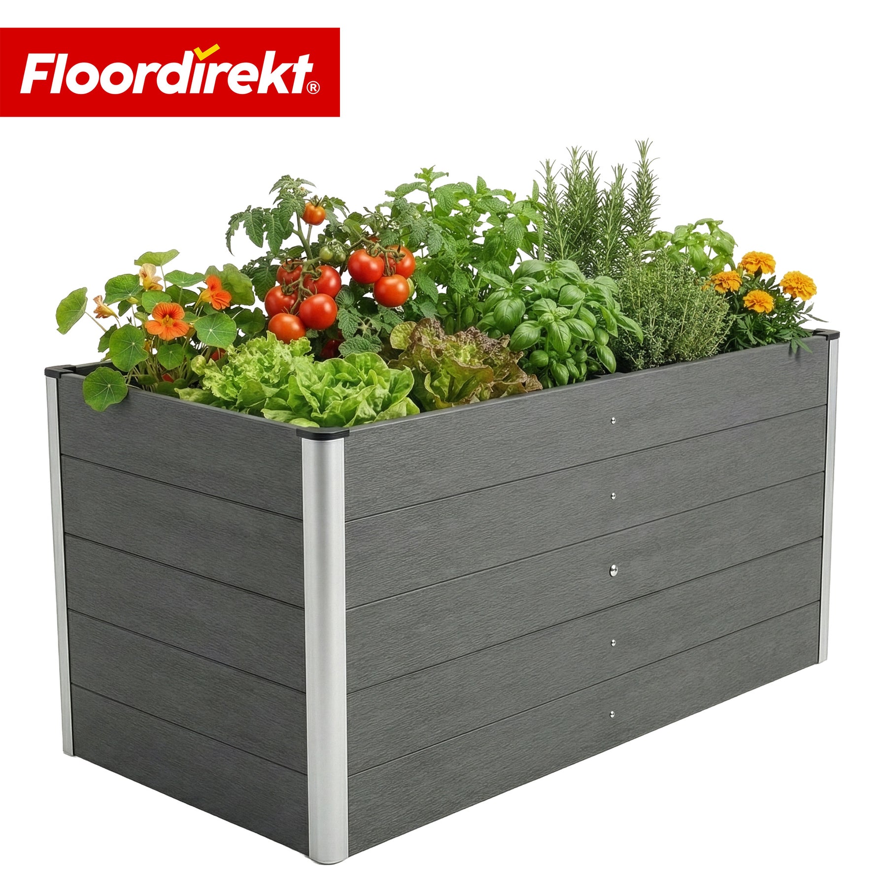 Carré potager surélevé en WPC | Delos | 150x70x75 cm | Extra stable avec barre de renfort | Anthracite | Angles en aluminium