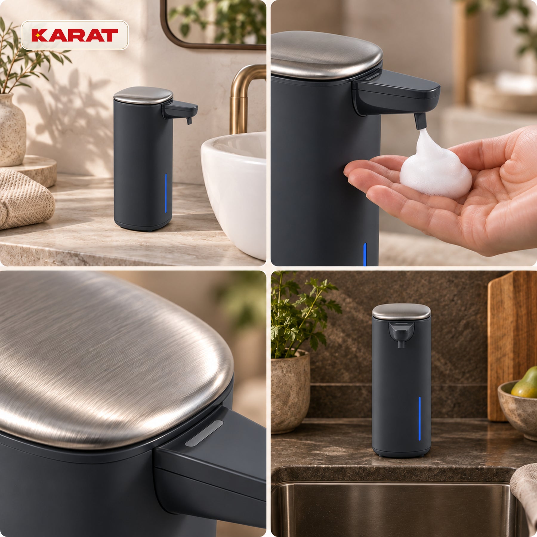 Distributeur automatique de savon mousse | Liora | Sans contact avec capteur, batterie USB-C & inox | 250 ml