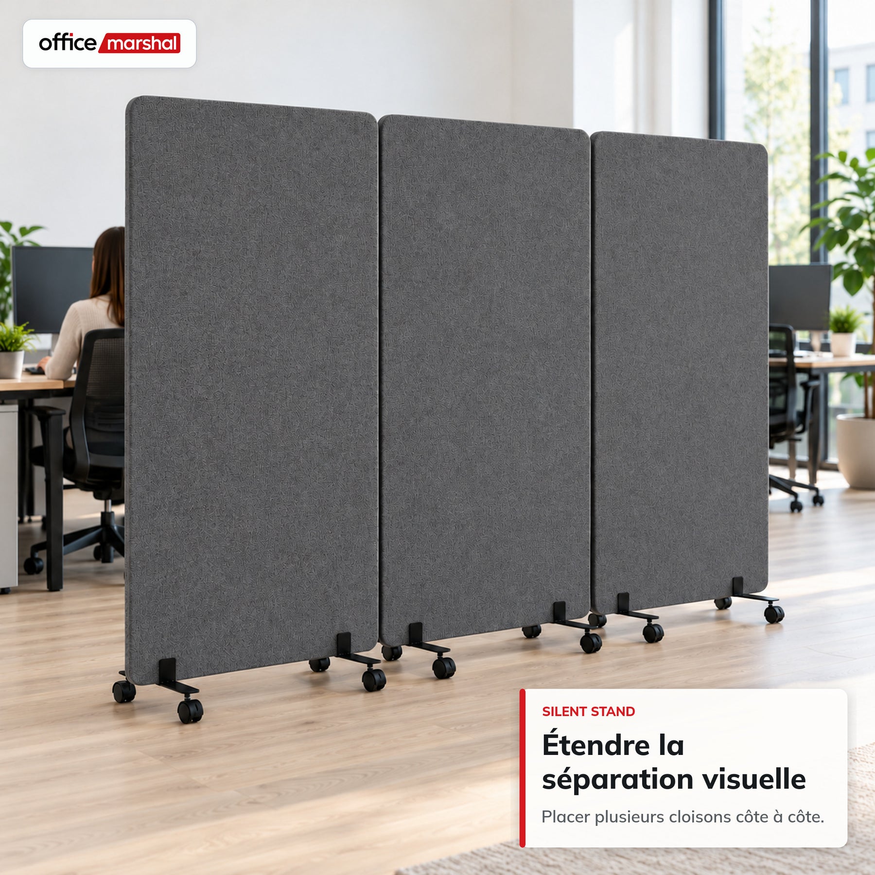 Cloison acoustique mobile sur roulettes | Silent Stand | Séparateur d'espace en polyester | 3 tailles