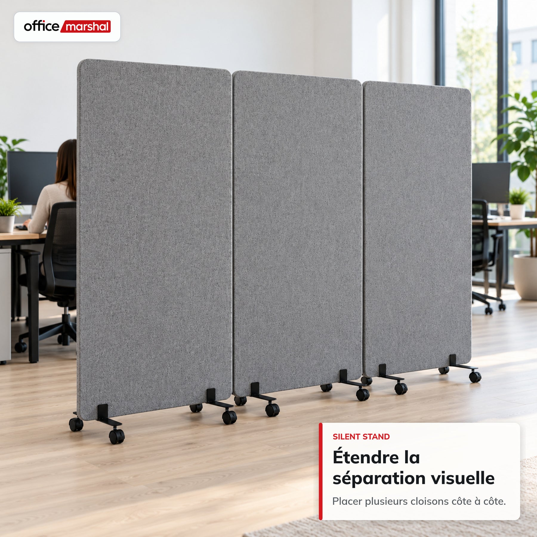 Cloison acoustique mobile sur roulettes | Silent Stand | Séparateur d'espace en polyester | 3 tailles