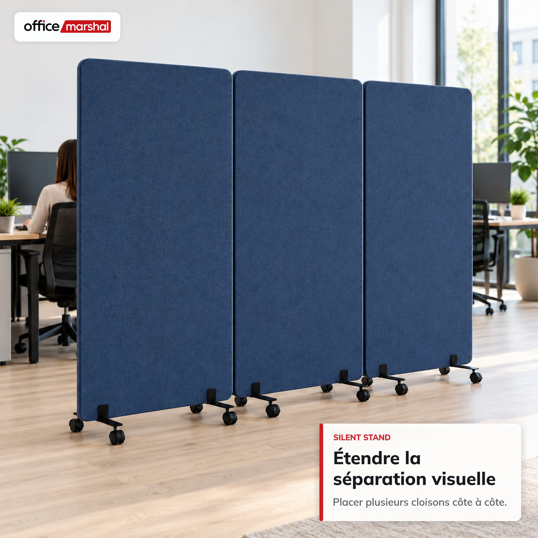 Cloison acoustique mobile sur roulettes | Silent Stand | Séparateur d'espace en polyester | 3 tailles