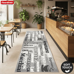 Tapis de couloir | Coffee | Tapis de cuisine moderne avec motifs de café | Antidérapant, résistant & facile d’entretien