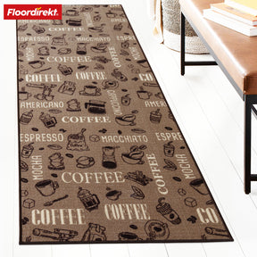 Tapis de couloir | Coffee | Tapis de cuisine moderne avec motifs de café | Antidérapant, résistant & facile d’entretien