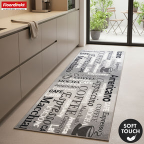 Tapis de couloir | Coffee | Tapis de cuisine moderne avec motifs de café | Antidérapant, résistant & facile d’entretien