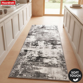Tapis couloir | Ravena | Tapis moderne en anthracite et brun | Motif abstrait avec dos antidérapant en gel | Résistant et facile d’entretien