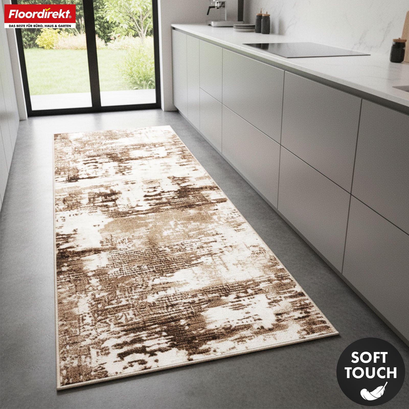 Tapis couloir | Ravena | Tapis moderne en anthracite et brun | Motif abstrait avec dos antidérapant en gel | Résistant et facile d’entretien