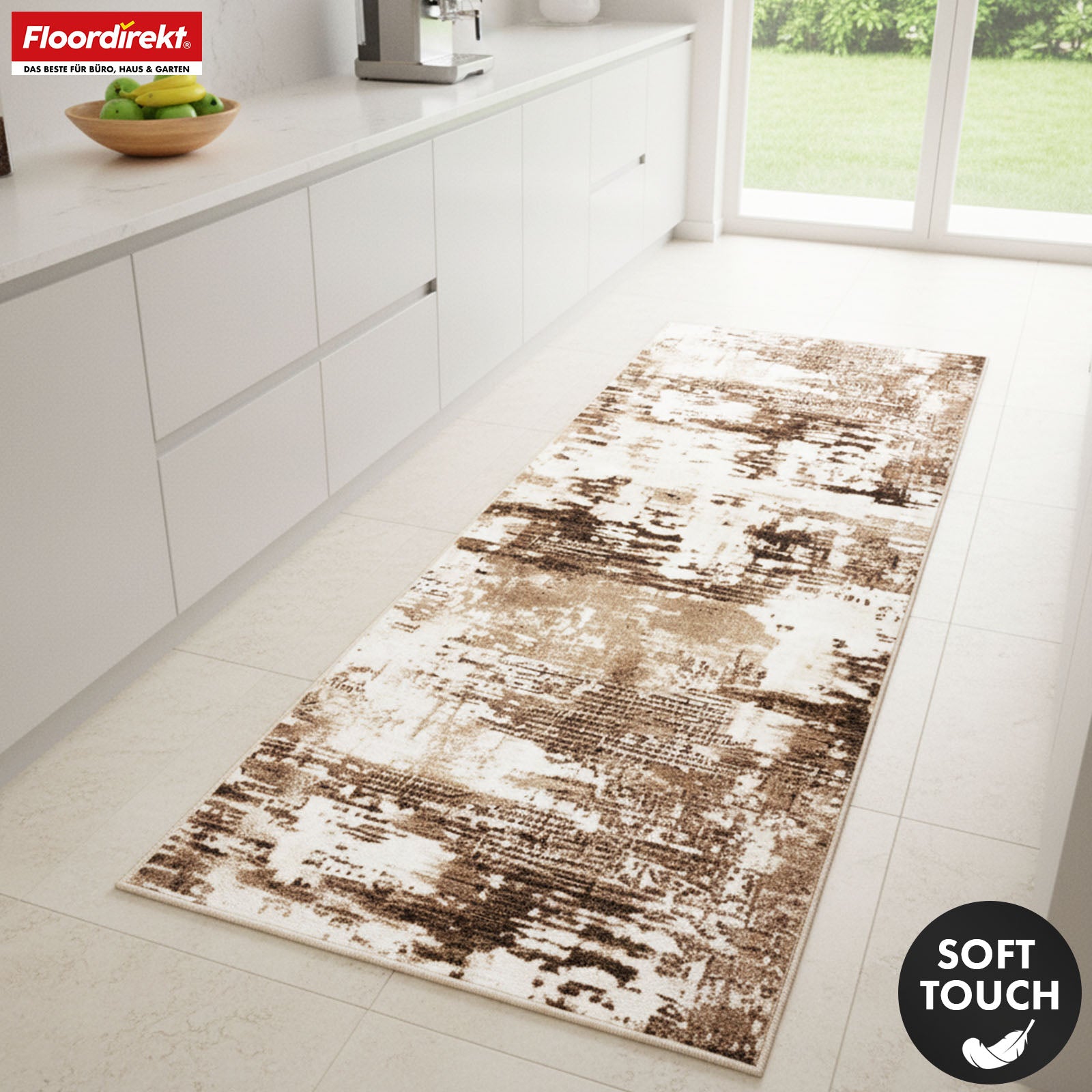 Tapis couloir | Ravena | Tapis moderne en anthracite et brun | Motif abstrait avec dos antidérapant en gel | Résistant et facile d’entretien