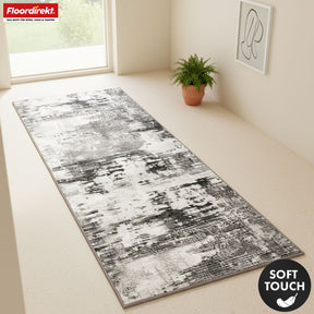 Tapis couloir | Ravena | Tapis moderne en anthracite et brun | Motif abstrait avec dos antidérapant en gel | Résistant et facile d’entretien