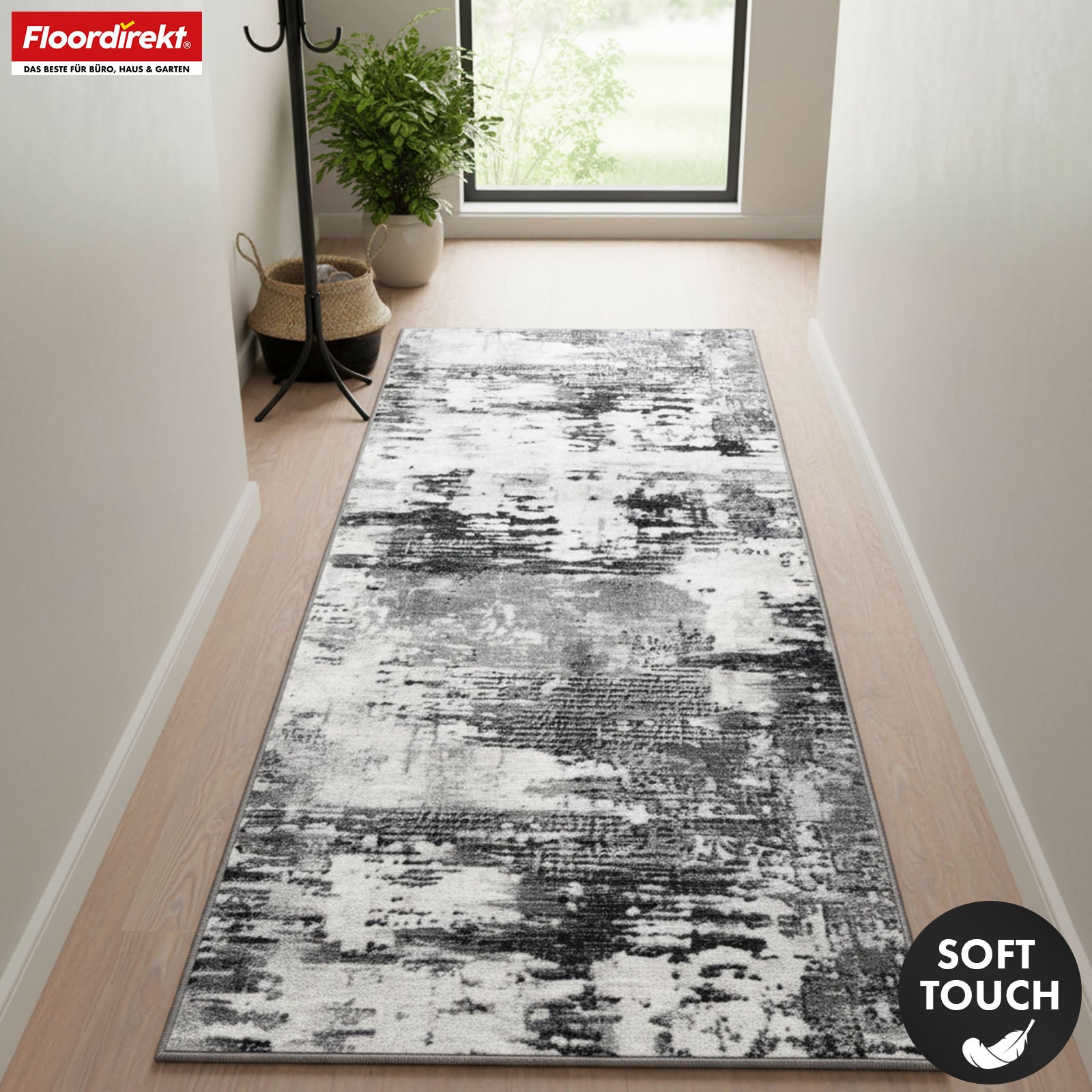 Tapis couloir | Ravena | Tapis moderne en anthracite et brun | Motif abstrait avec dos antidérapant en gel | Résistant et facile d’entretien