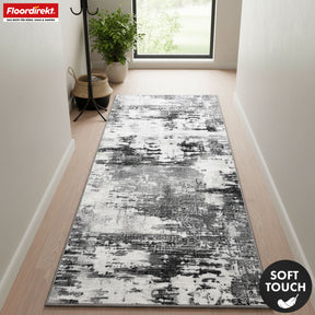 Tapis couloir | Ravena | Tapis moderne en anthracite et brun | Motif abstrait avec dos antidérapant en gel | Résistant et facile d’entretien