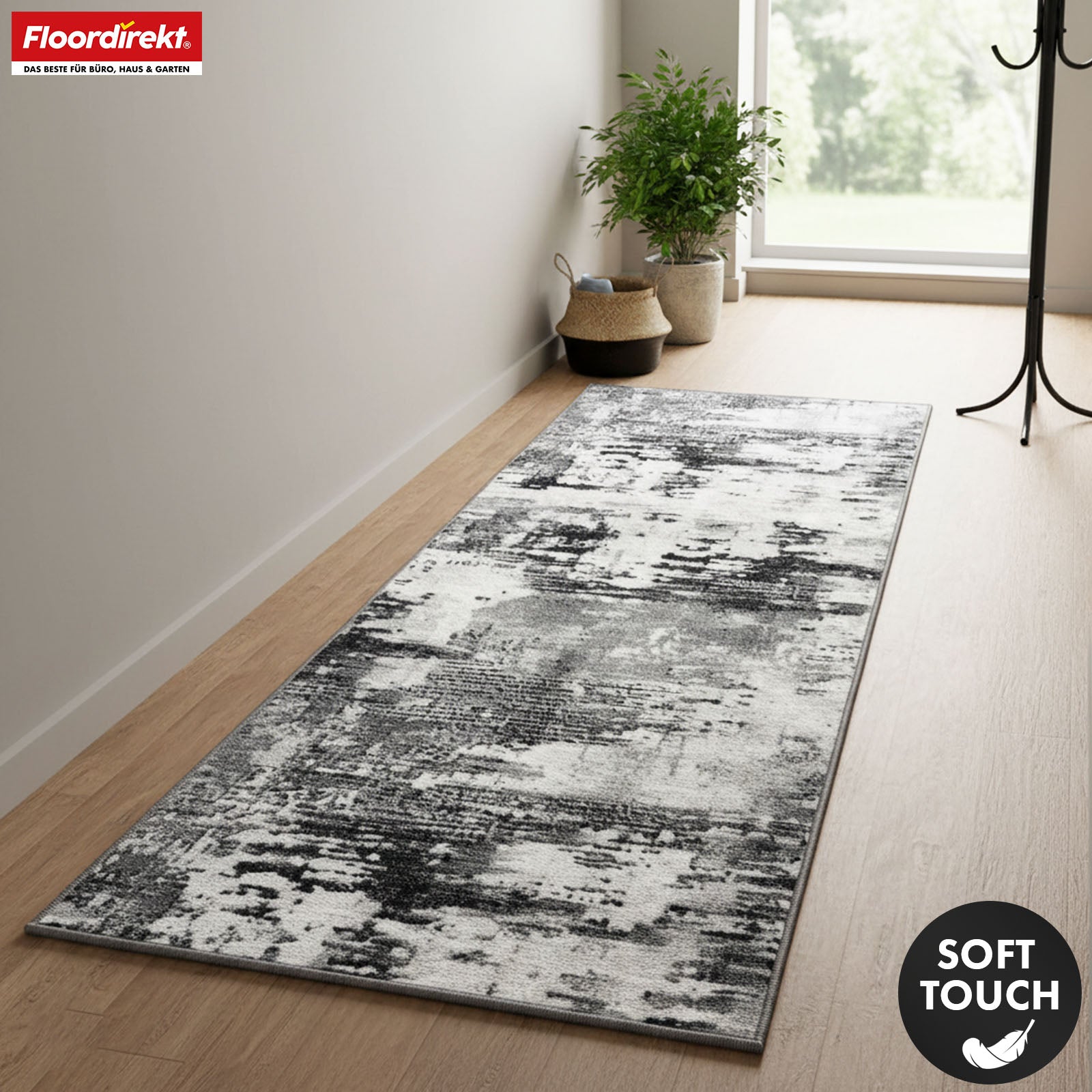 Tapis couloir | Ravena | Tapis moderne en anthracite et brun | Motif abstrait avec dos antidérapant en gel | Résistant et facile d’entretien