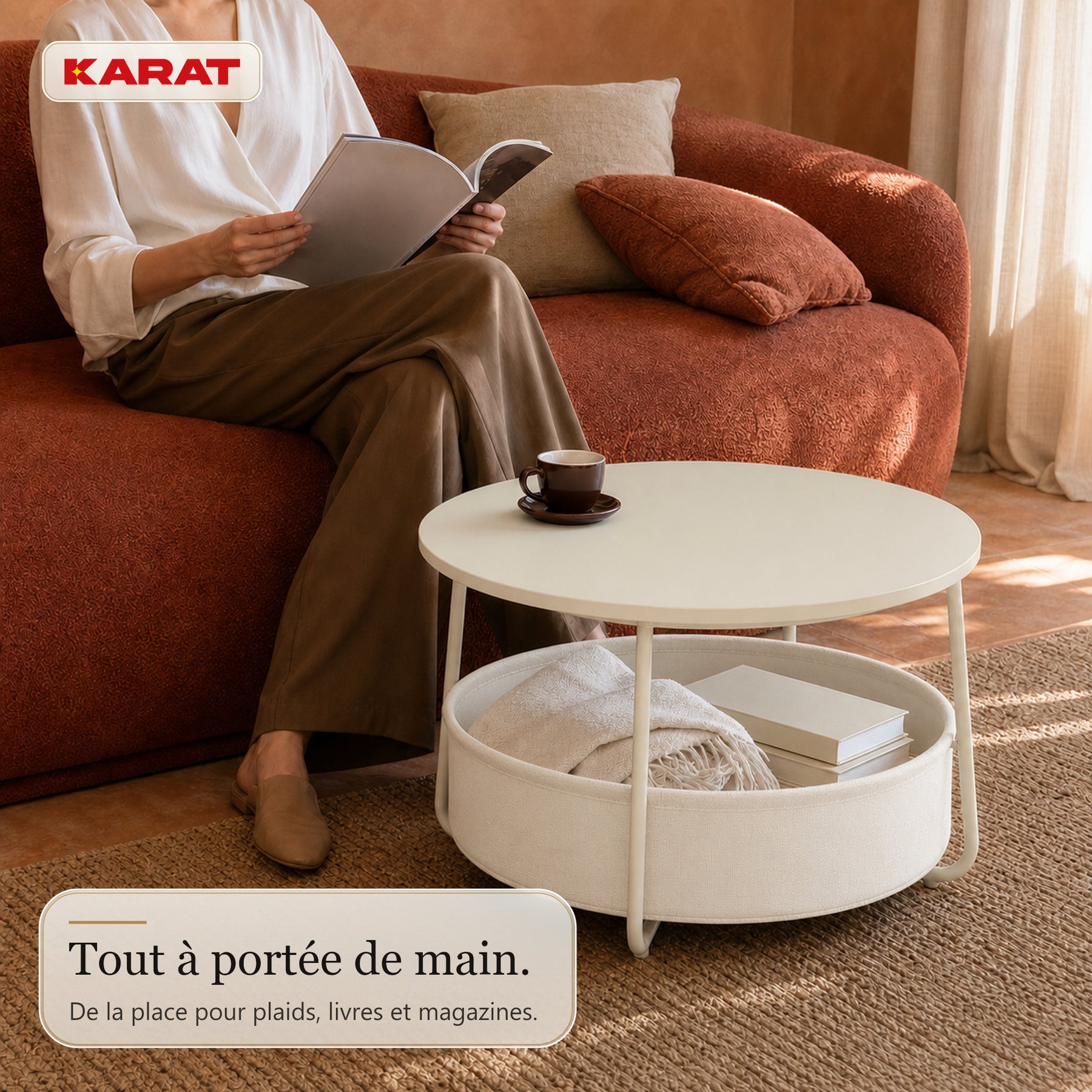 Table d’appoint | Tore | Table ronde avec rangement ouvert en bois & acier | Ø 75 cm
