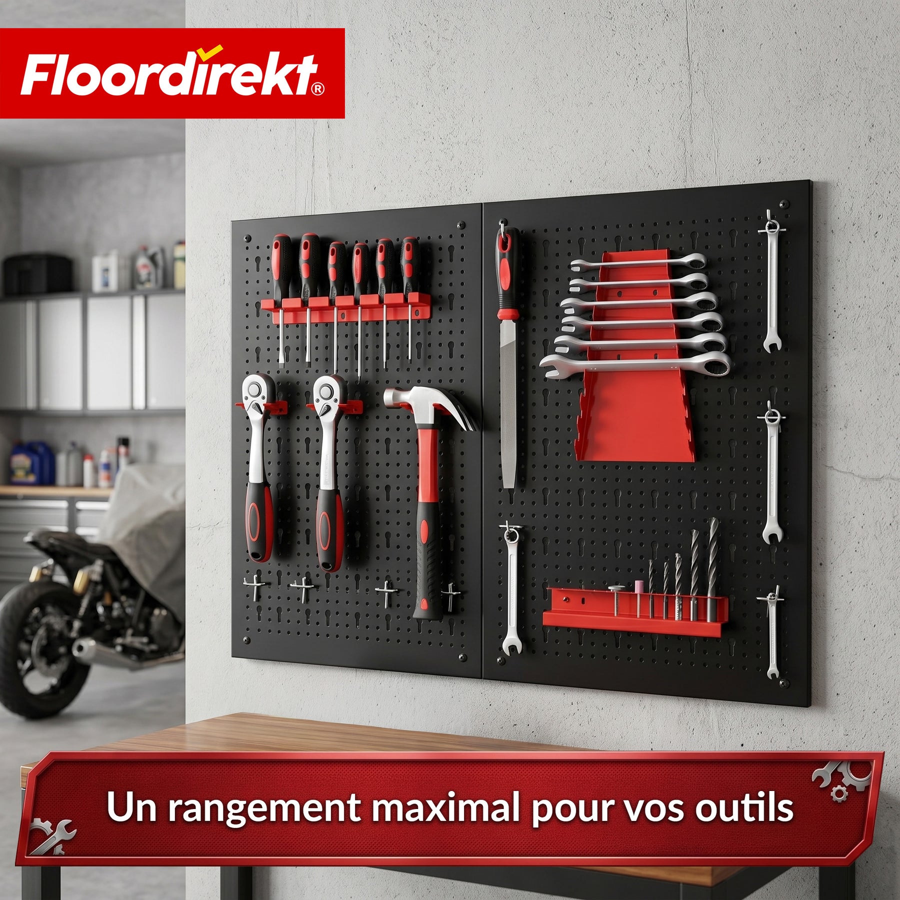 Mur à outils | Parker | Panneau perforé en métal avec accessoires | Support à outils pour atelier et garage