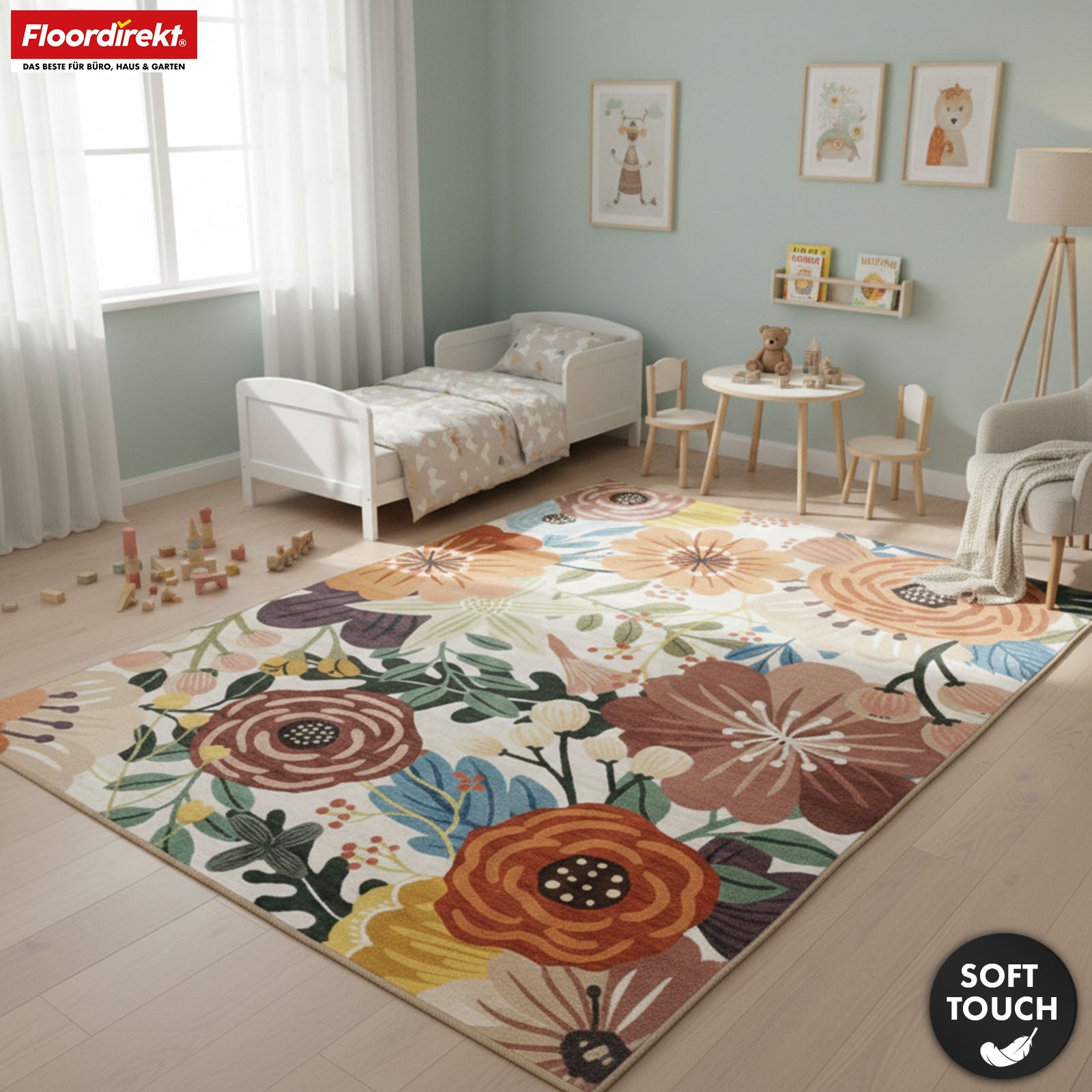 Tapis de salon | Fleur | Tapis moderne à motif floral coloré | Antidérapant, résistant & facile d’entretien | Disponible en plusieurs tailles